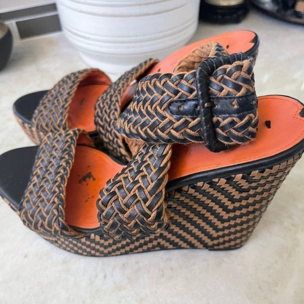 Via Spiga Black and Brown Woven Wedge Sandals